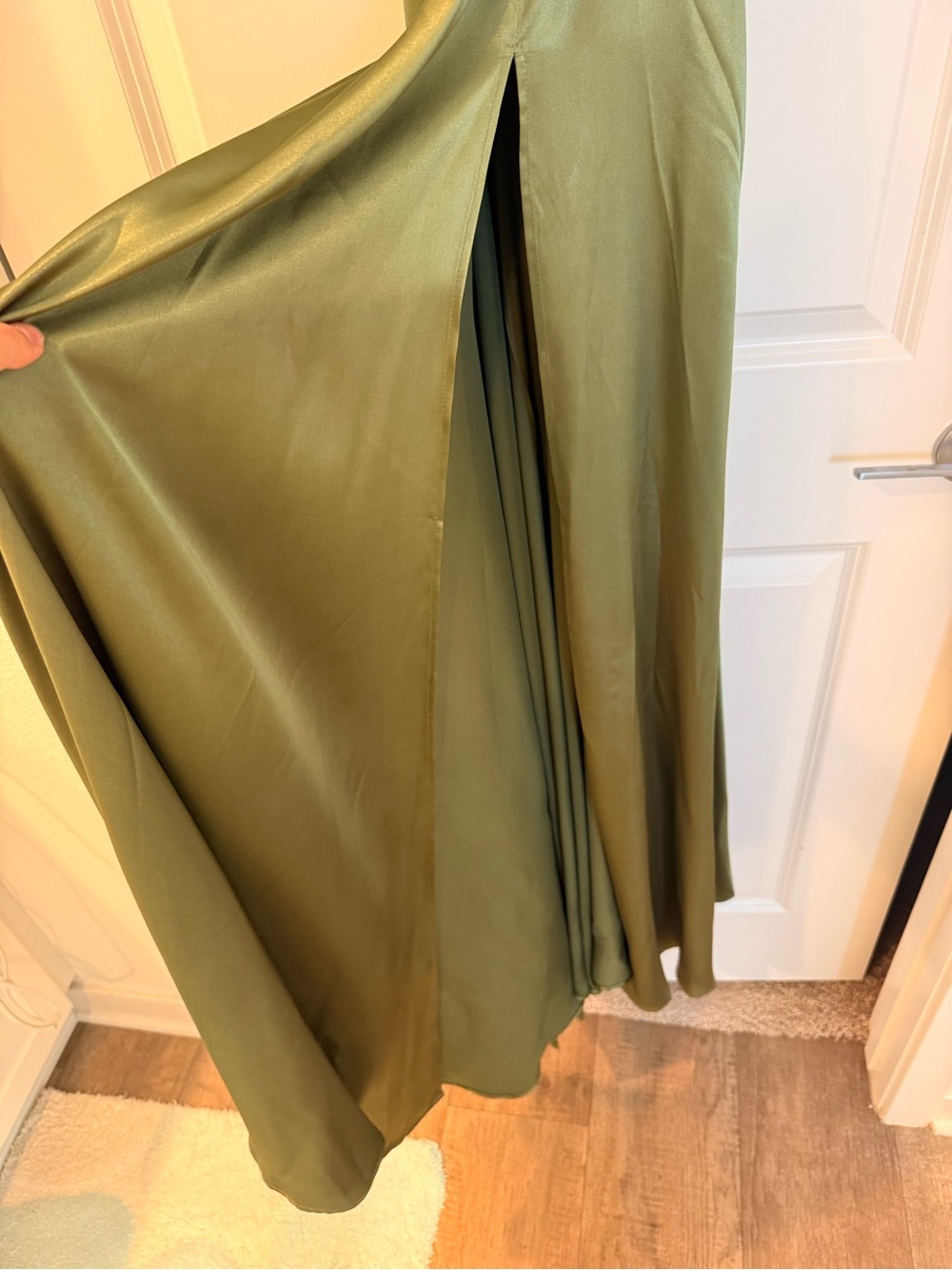 NEW Bronx Banco Leo Sage Maxi Dress, Olive Green Satin Cowl Neck Evening Gown - Picture 10 of 16